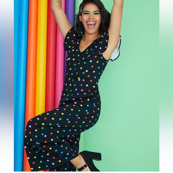 NWT Collectif the Thelma retro rainbow polka dot jumpsuit Sz 4 - Picture 2 of 16